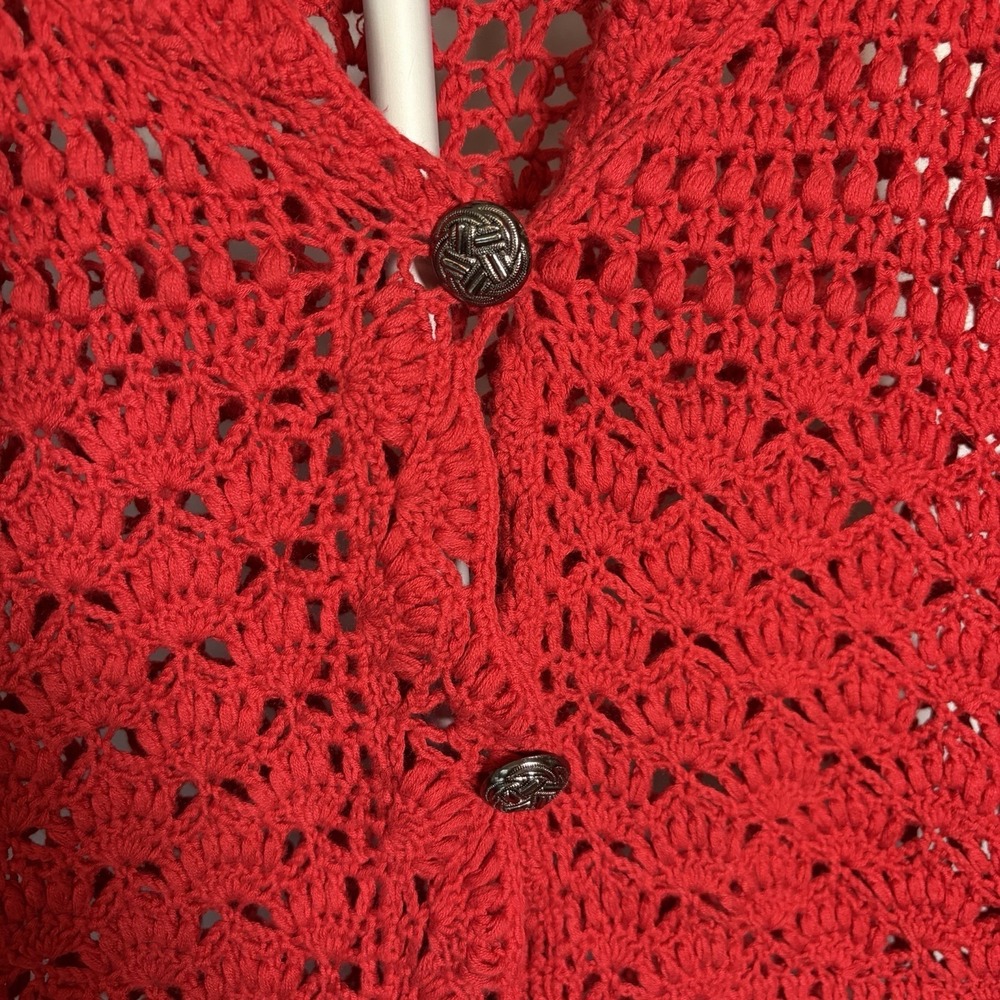 VTG 1X Red Crochet Open Knit 3/4 Sleeve Cottage Cardigan Button Grandma 90s Y2K - Picture 8 of 15